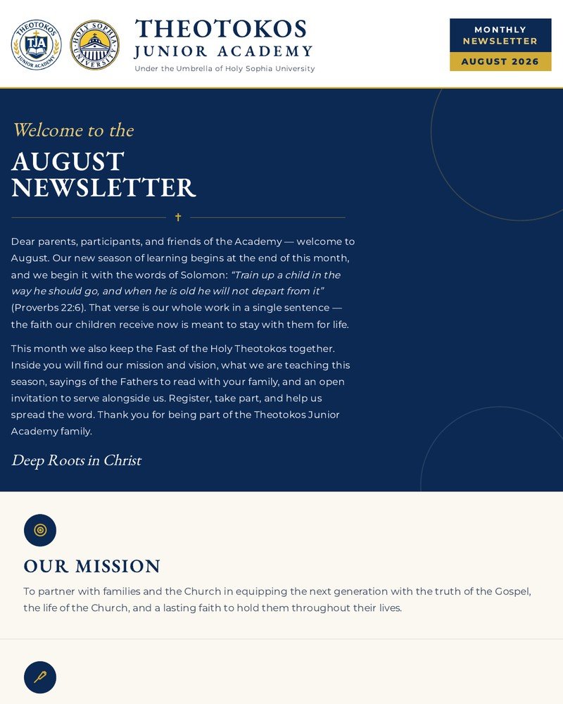 August 2026 Theotokos Junior Academy Newsletter