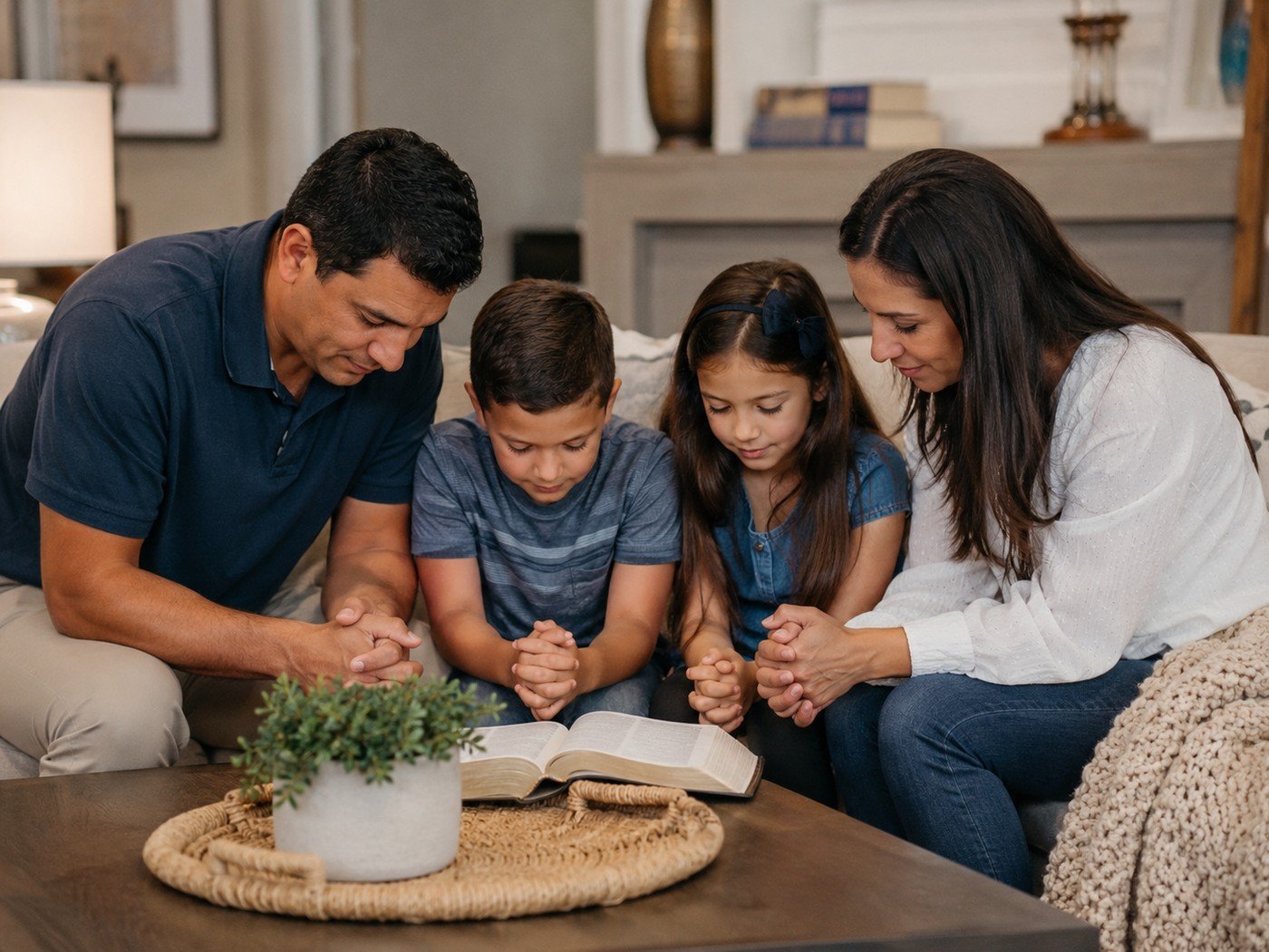 Family praying together around an open Bible